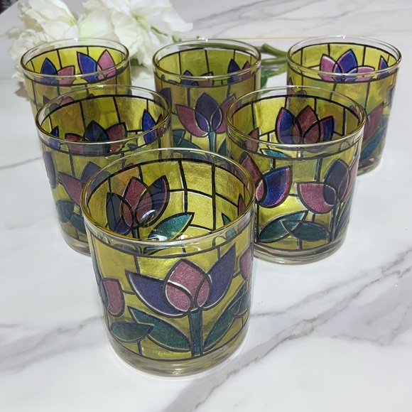 Vintage West Virginia Glass Tulip Design Stained Glass tumblers Cup Set of 6 - Picture 3 of 17